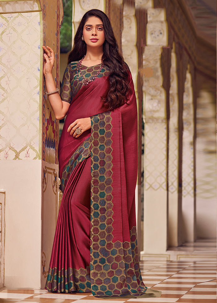 Wine Chiffon Silk Saree With Blouse Piece