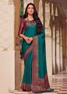 Turquoise Chiffon Silk Saree With Blouse Piece