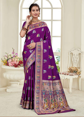 Purple Baluchari Silk Saree With Blouse Piece