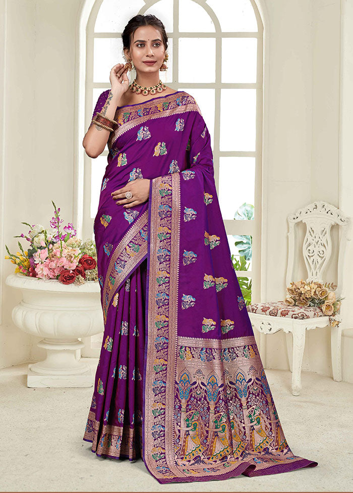 Purple Baluchari Silk Saree With Blouse Piece