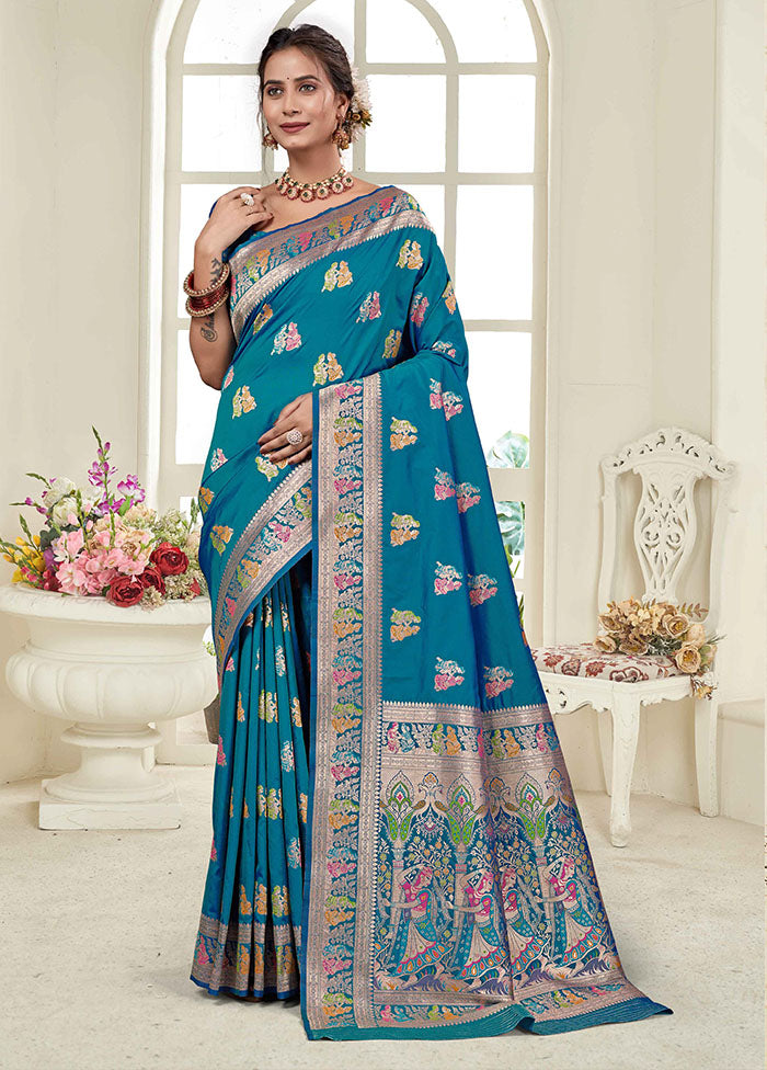 Blue Baluchari Silk Saree With Blouse Piece