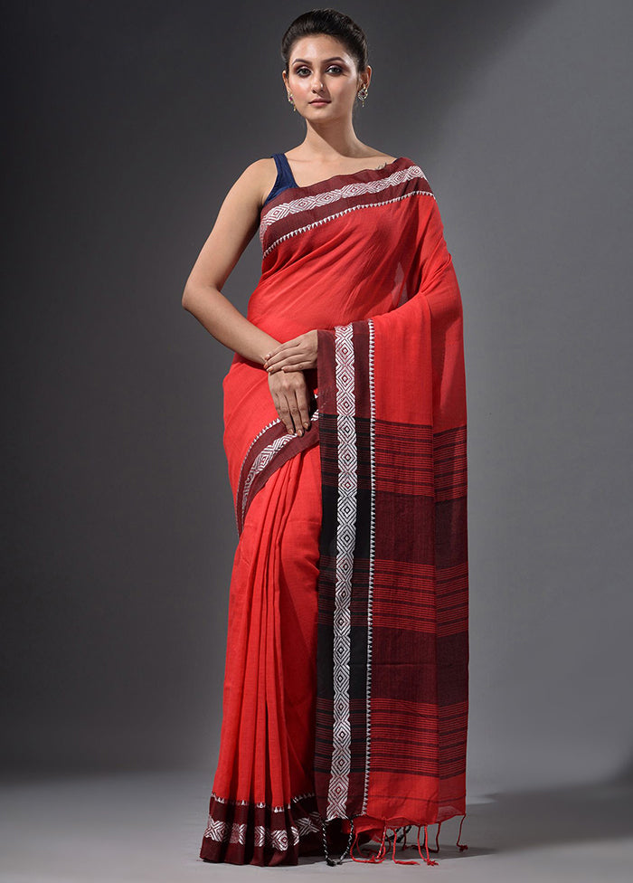 Red Pure Cotton Dual Tone Saree With Blouse - Indian Silk House Agencies