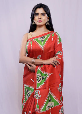 Red Printed Pure Silk Saree With Blouse Piece - Indian Silk House Agencies