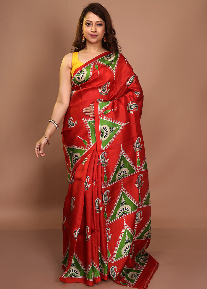 Red Pure Printed Silk Saree Without Blouse Piece - Indian Silk House Agencies