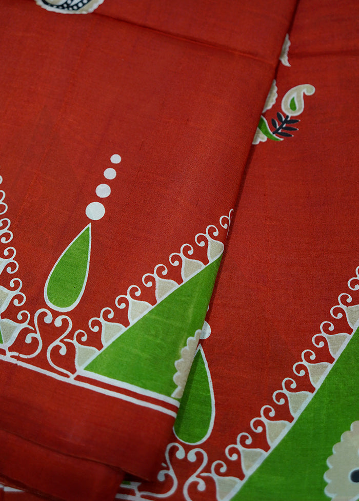 Red Pure Printed Silk Saree Without Blouse Piece - Indian Silk House Agencies