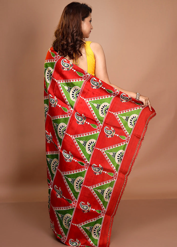 Red Pure Printed Silk Saree Without Blouse Piece - Indian Silk House Agencies