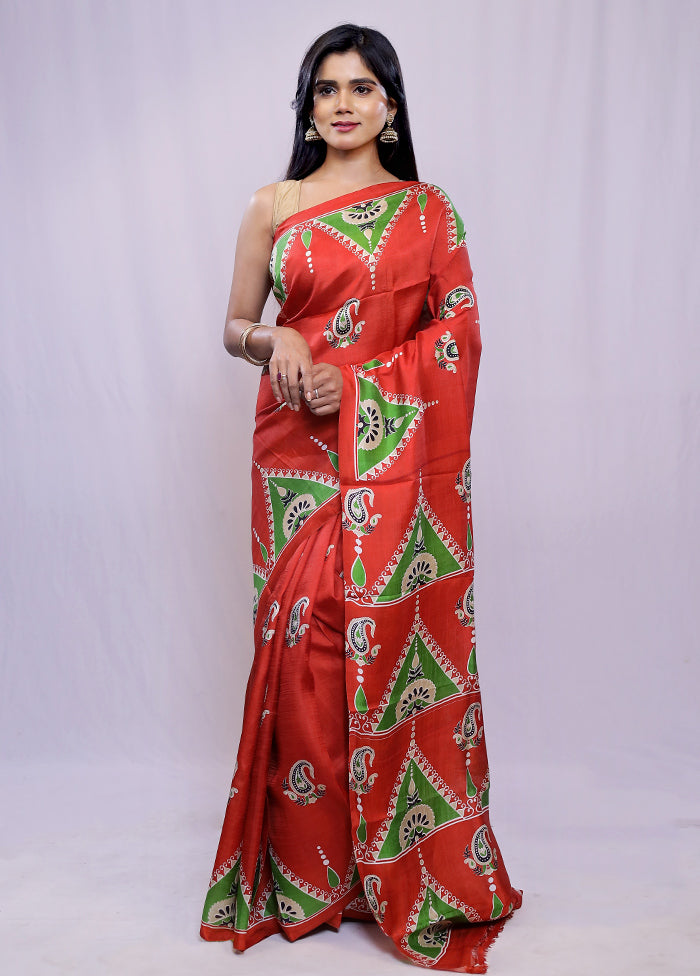 Red Pure Printed Silk Saree Without Blouse Piece - Indian Silk House Agencies