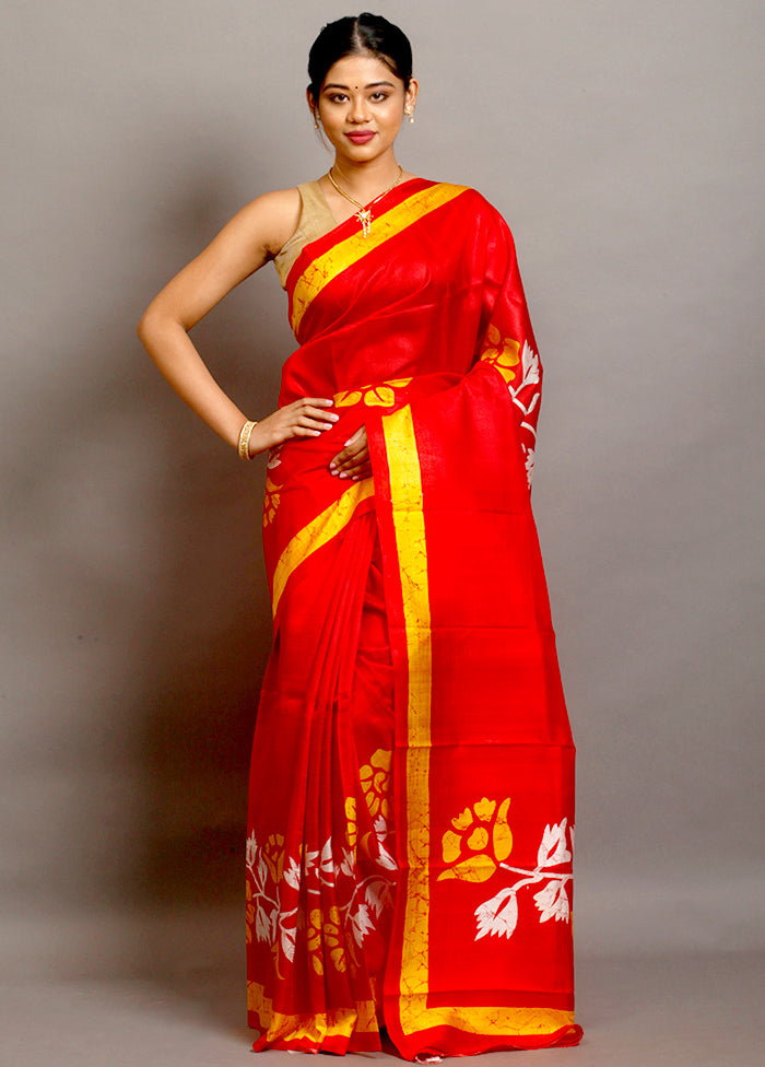 Red Batik Printed Pure Silk Saree Without Blouse - Indian Silk House Agencies
