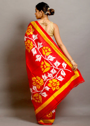 Red Batik Printed Pure Silk Saree Without Blouse - Indian Silk House Agencies