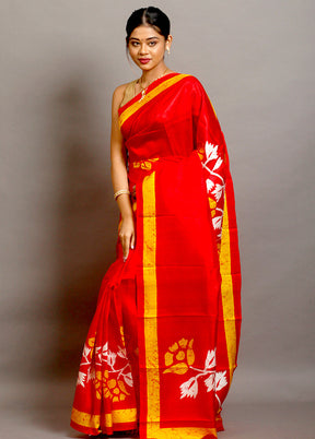 Red Batik Printed Pure Silk Saree Without Blouse - Indian Silk House Agencies