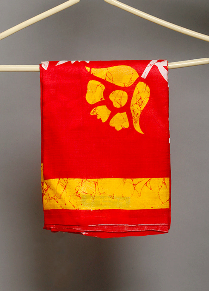 Red Batik Printed Pure Silk Saree Without Blouse - Indian Silk House Agencies