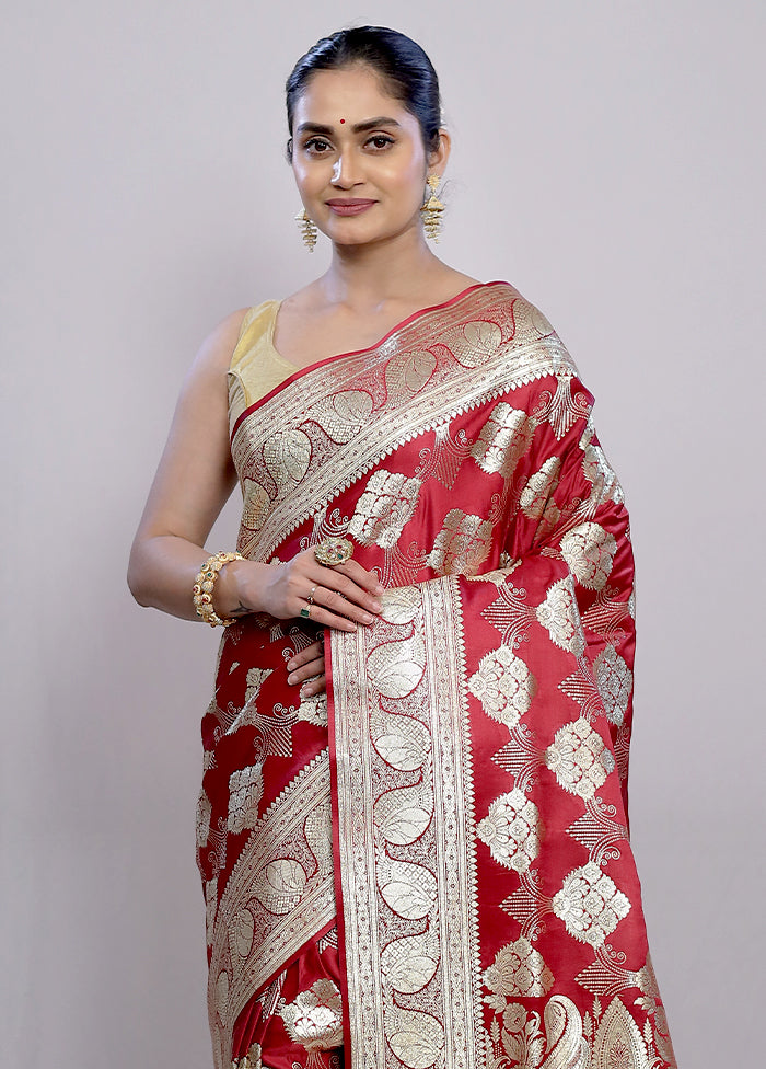 Maroon Banarasi Silk Saree With Blouse Piece - Indian Silk House Agencies