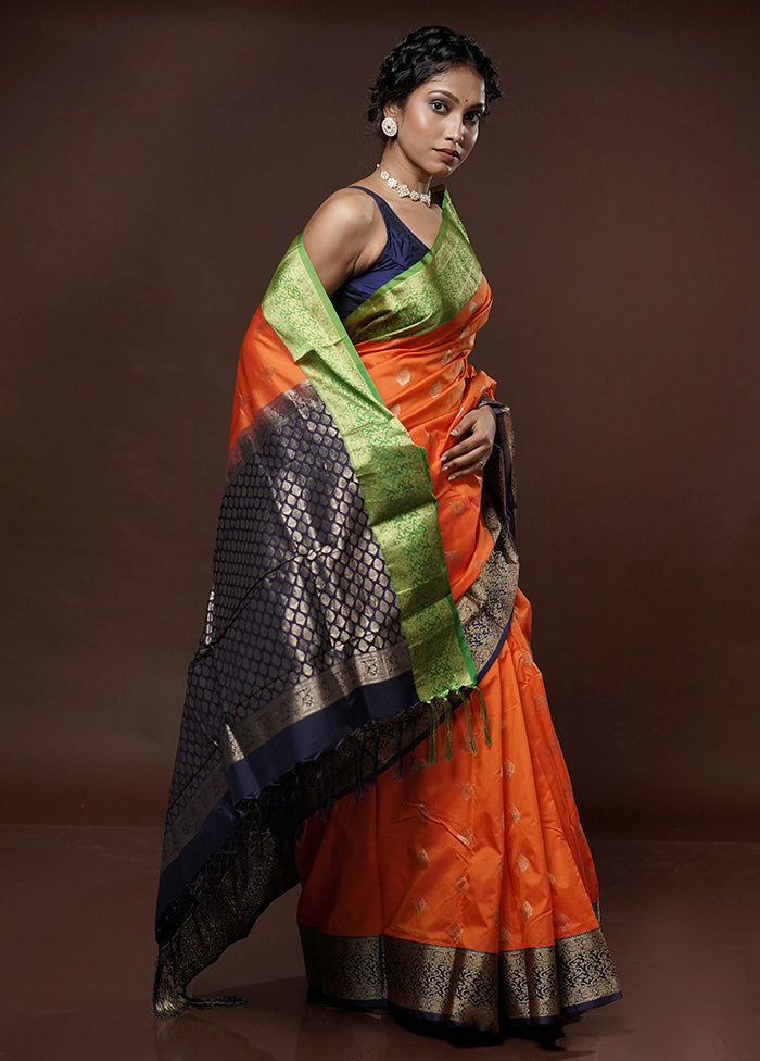 Orange Kanjivaram Silk Saree With Blouse Piece - Indian Silk House Agencies