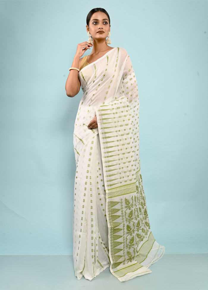 White Tant Jamdani Saree Without Blouse Piece - Indian Silk House Agencies