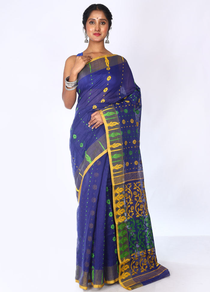 Navy Blue Tant Jamdani Saree Without Blouse Piece - Indian Silk House Agencies