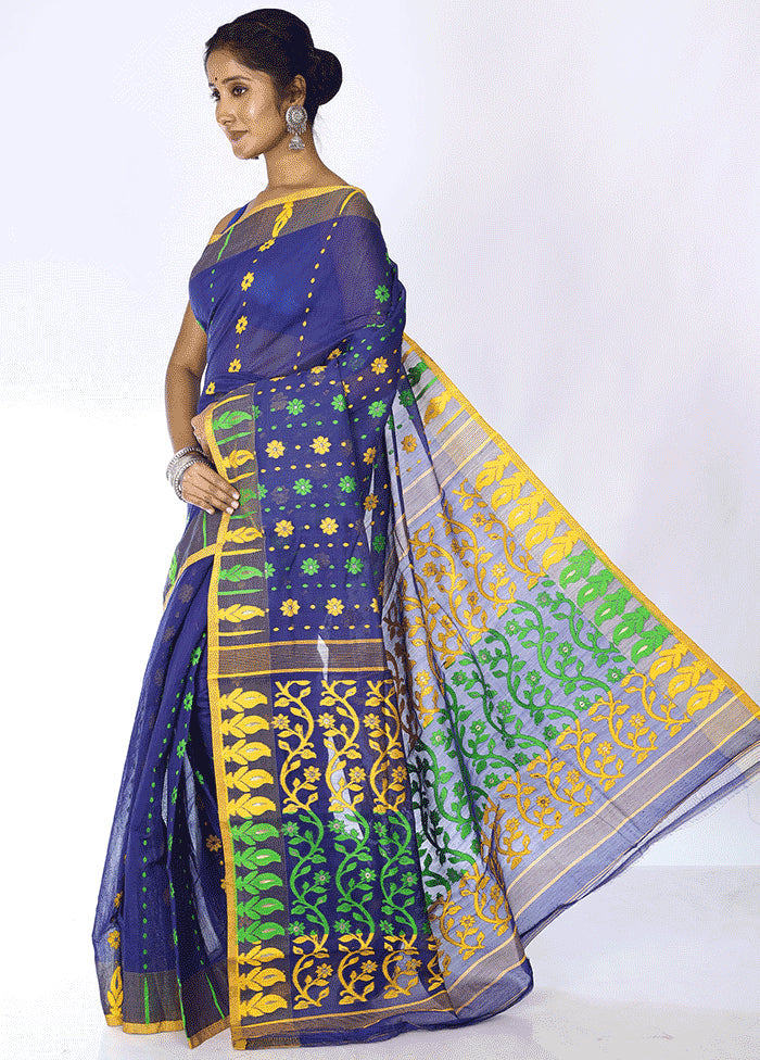 Navy Blue Tant Jamdani Saree Without Blouse Piece - Indian Silk House Agencies