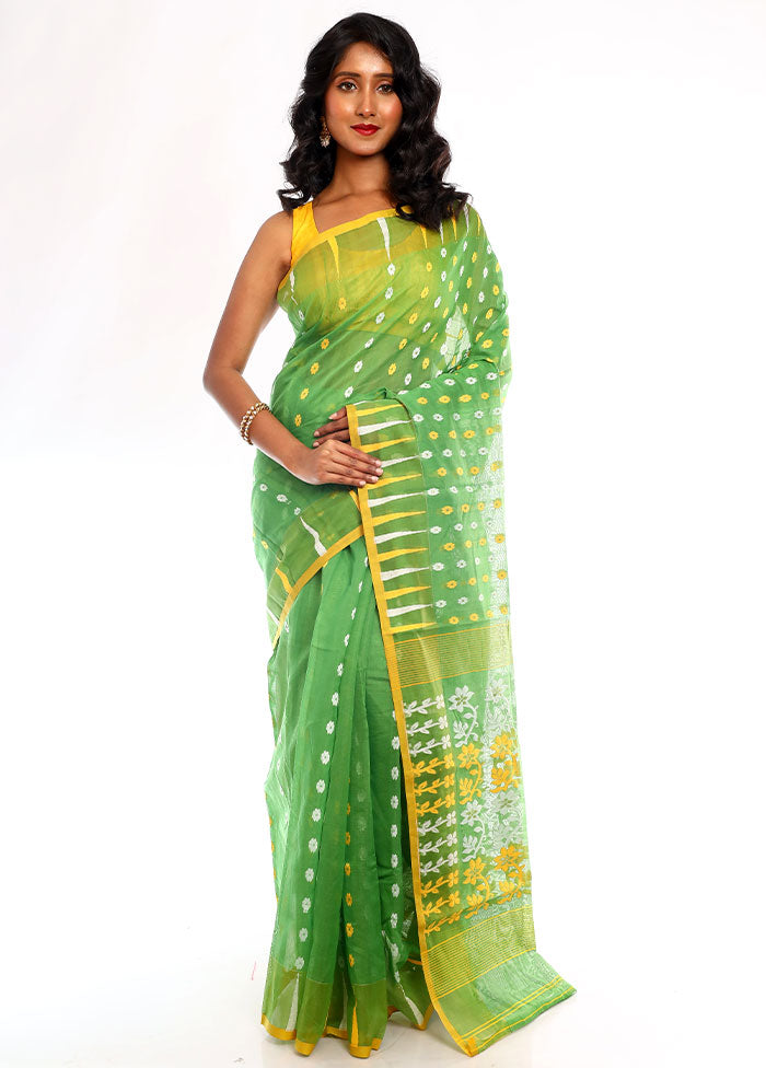 Green Tant Jamdani Saree Without Blouse Piece - Indian Silk House Agencies