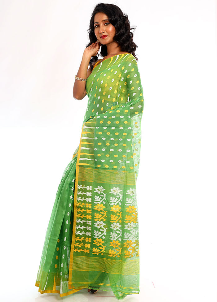 Green Tant Jamdani Saree Without Blouse Piece - Indian Silk House Agencies