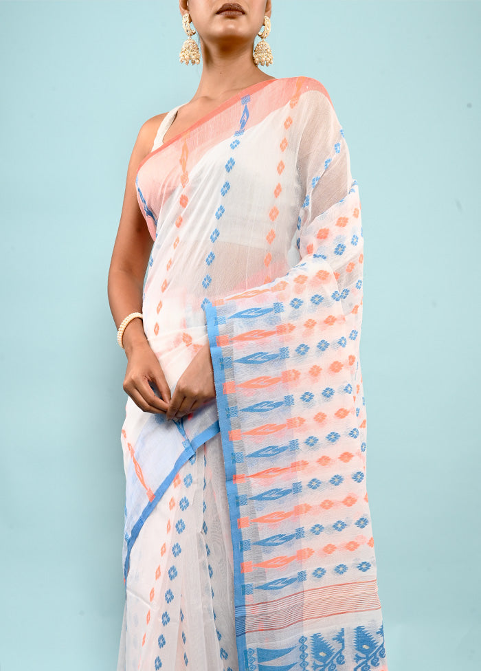 White Tant Jamdani Saree Without Blouse Piece - Indian Silk House Agencies