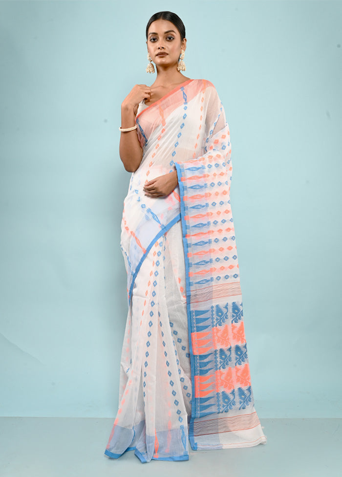 White Tant Jamdani Saree Without Blouse Piece - Indian Silk House Agencies