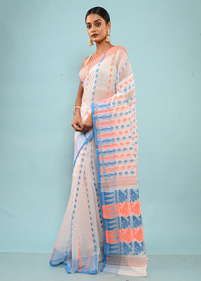 White Tant Jamdani Saree Without Blouse Piece - Indian Silk House Agencies