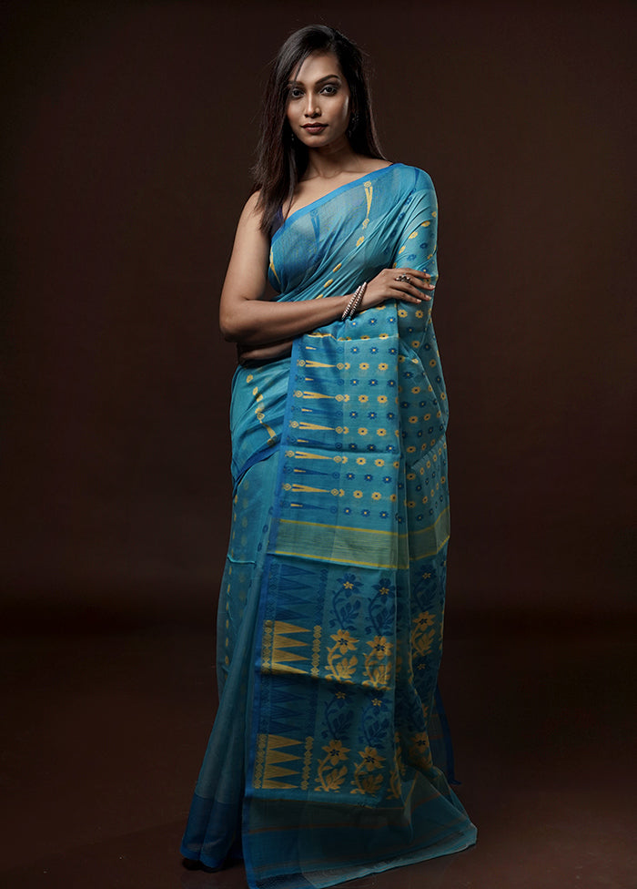 Blue Tant Jamdani Saree Without Blouse Piece - Indian Silk House Agencies