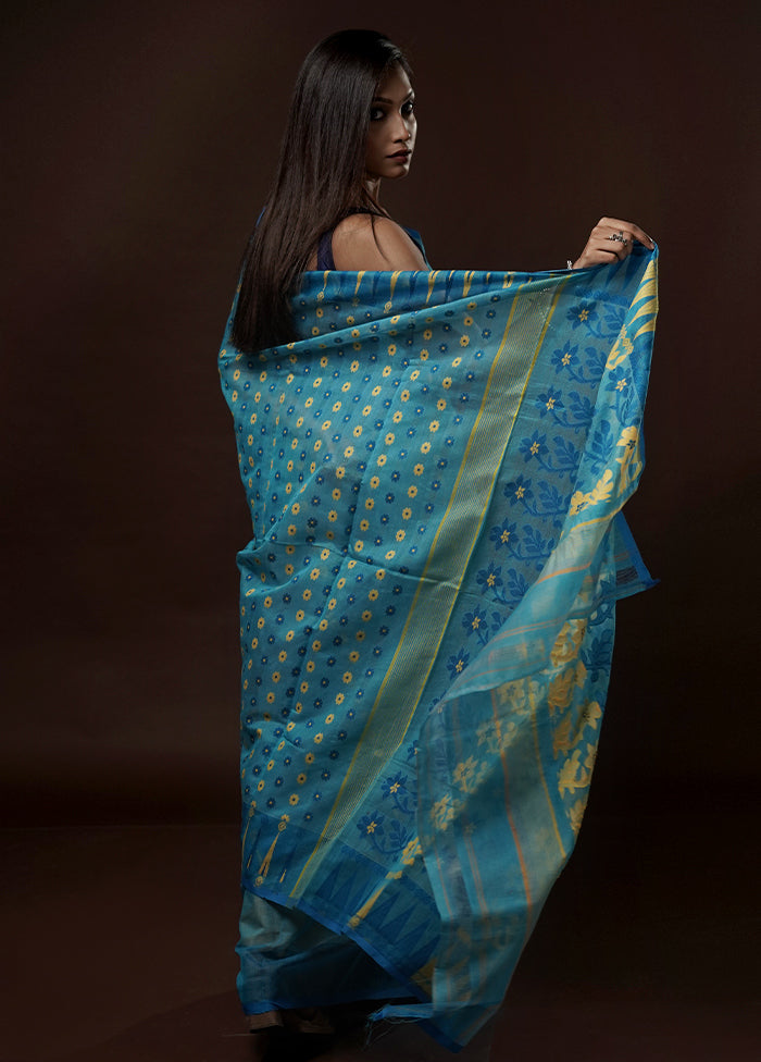 Blue Tant Jamdani Saree Without Blouse Piece - Indian Silk House Agencies