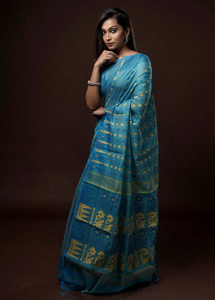 Blue Tant Jamdani Saree Without Blouse Piece - Indian Silk House Agencies