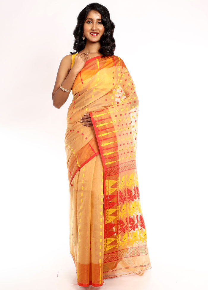 Yellow Tant Jamdani Saree Without Blouse Piece - Indian Silk House Agencies