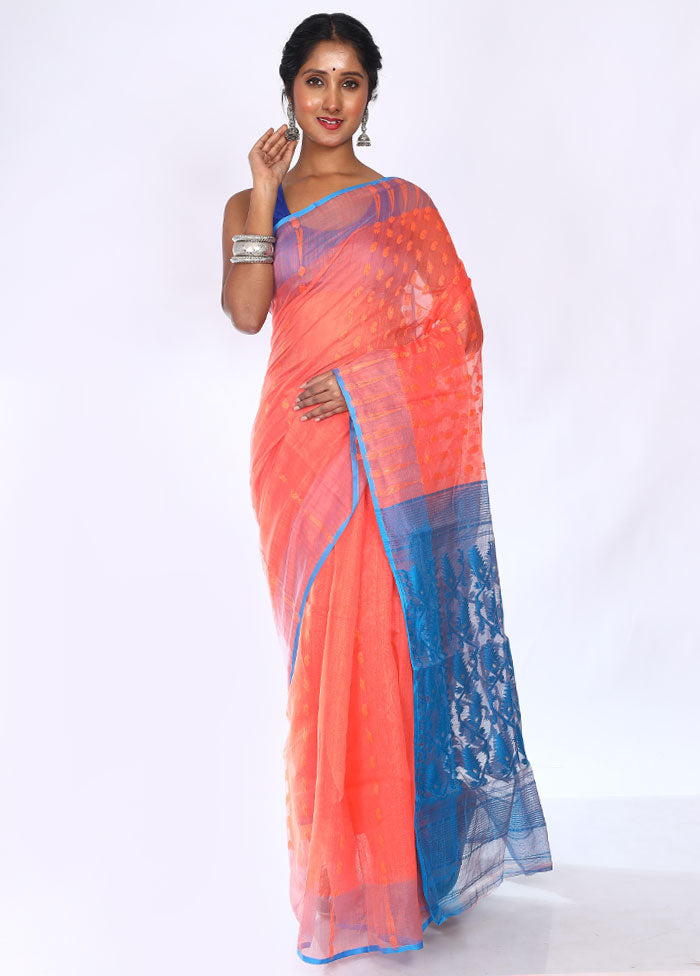 Peach Tant Jamdani Saree Without Blouse Piece