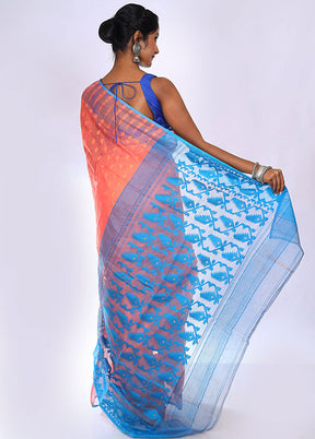 Peach Tant Jamdani Saree Without Blouse Piece