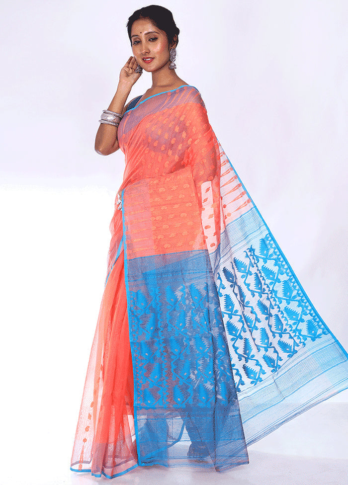 Peach Tant Jamdani Saree Without Blouse Piece