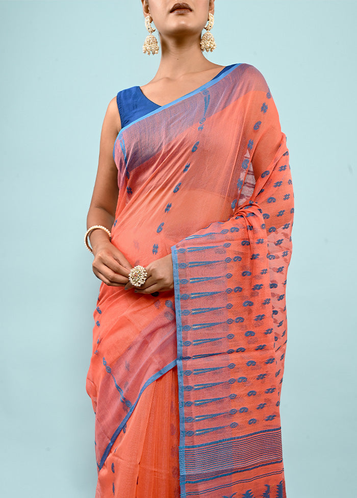 Peach Tant Jamdani Saree Without Blouse Piece - Indian Silk House Agencies