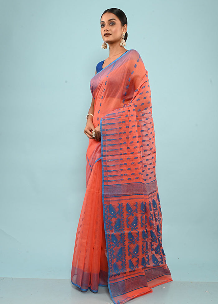 Peach Tant Jamdani Saree Without Blouse Piece - Indian Silk House Agencies