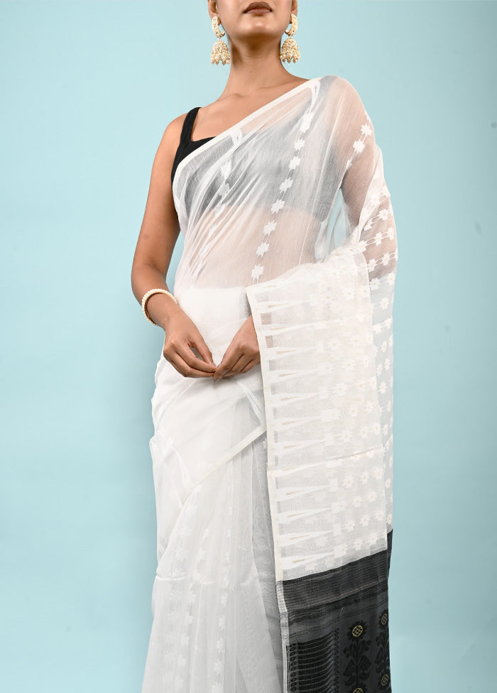 White Tant Jamdani Saree Without Blouse Piece - Indian Silk House Agencies