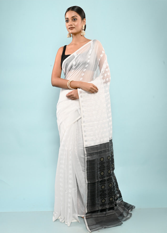 White Tant Jamdani Saree Without Blouse Piece - Indian Silk House Agencies