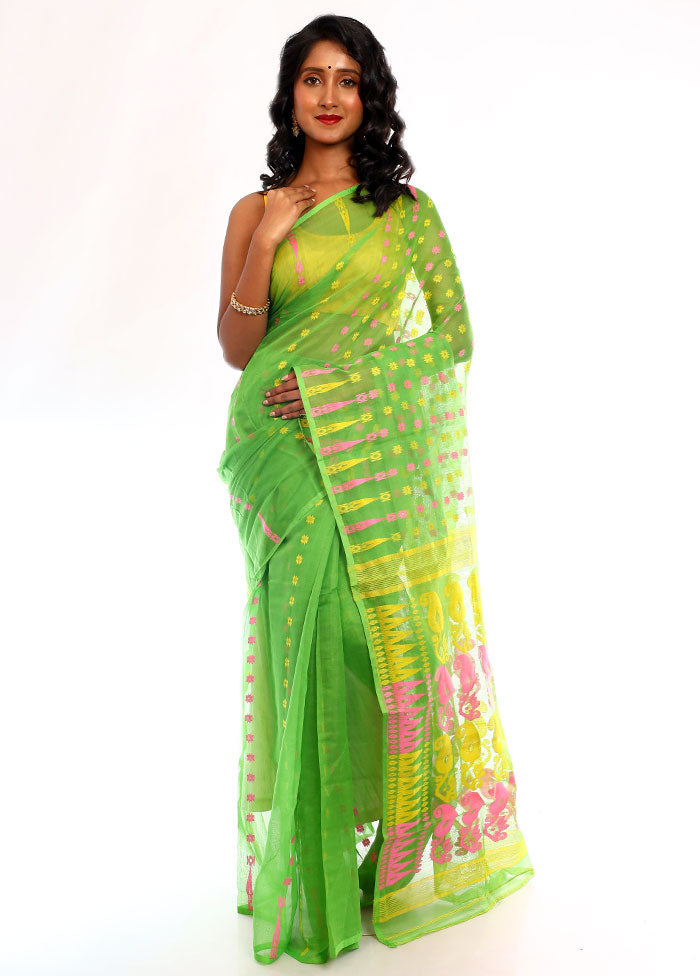 Green Tant Jamdani Saree Without Blouse Piece