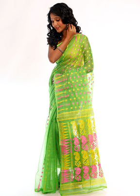 Green Tant Jamdani Saree Without Blouse Piece