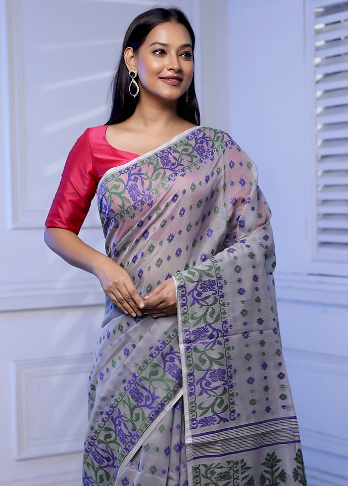 Grey Tant Jamdani Saree Without Blouse Piece