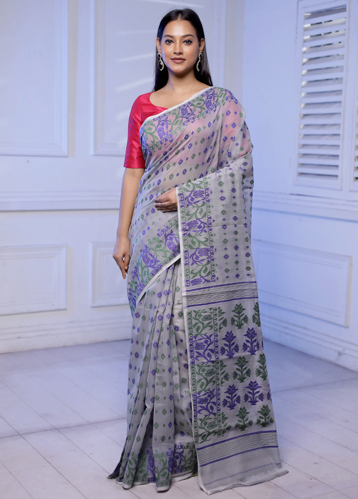 Grey Tant Jamdani Saree Without Blouse Piece