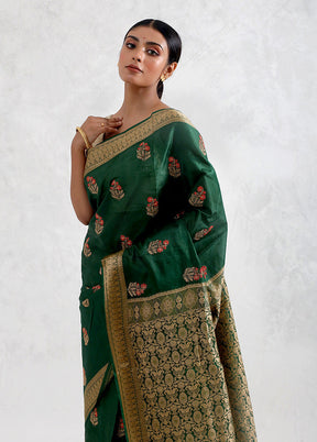 Green Dupion Silk Saree With Blouse Piece - Indian Silk House Agencies