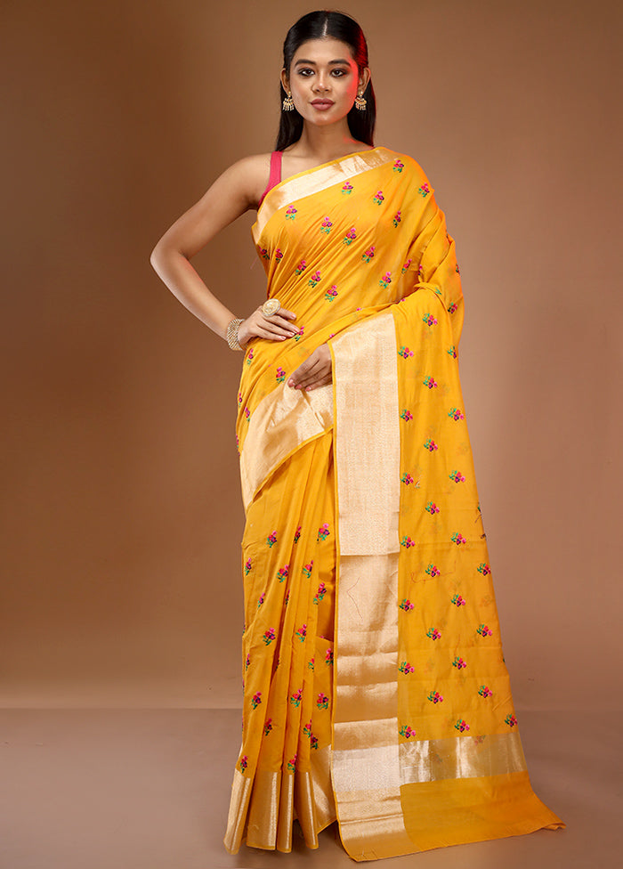 Yellow Cotton Embroidered Saree With Blouse Piece - Indian Silk House Agencies