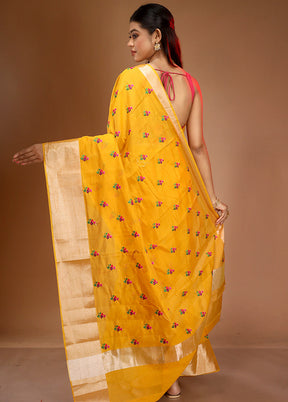 Yellow Cotton Embroidered Saree With Blouse Piece - Indian Silk House Agencies