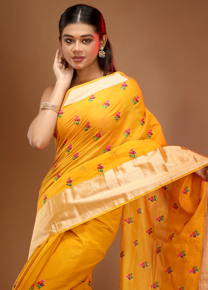 Yellow Cotton Embroidered Saree With Blouse Piece - Indian Silk House Agencies