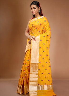 Yellow Cotton Embroidered Saree With Blouse Piece - Indian Silk House Agencies