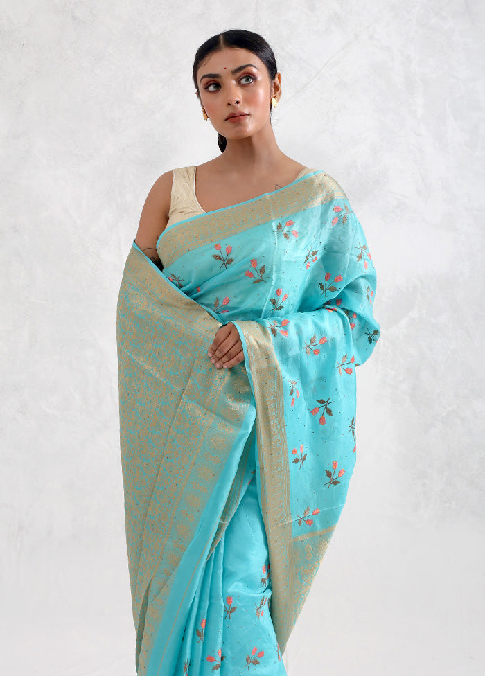 Blue Dupion Silk Saree With Blouse Piece - Indian Silk House Agencies