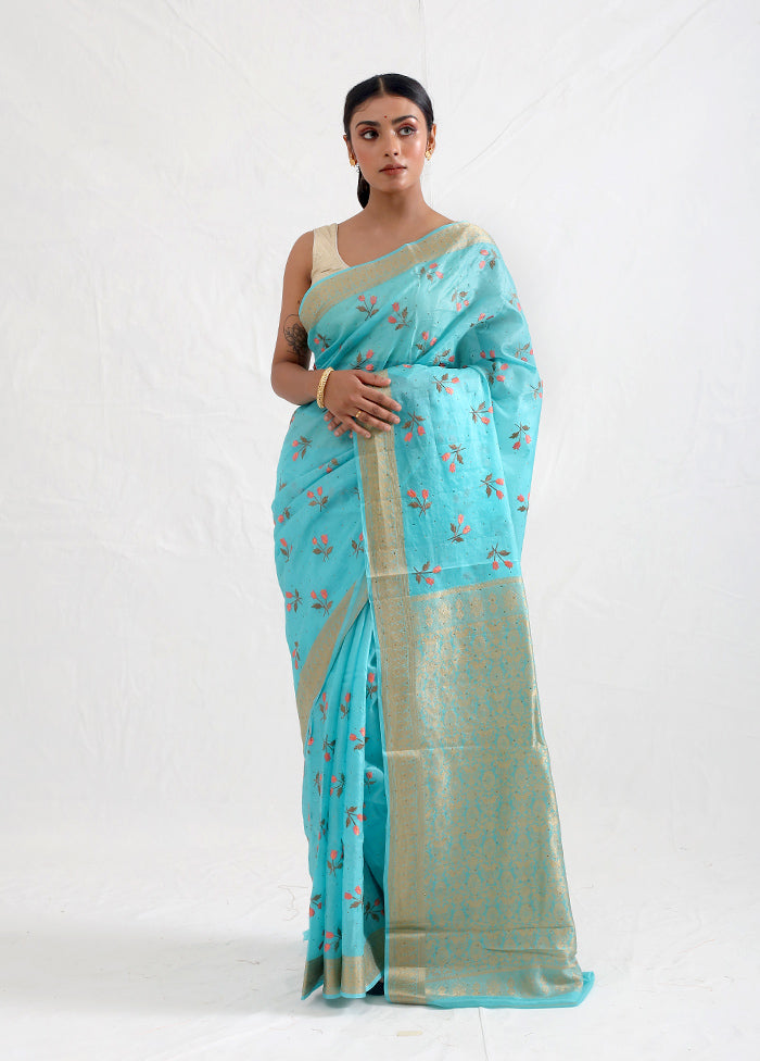 Blue Dupion Silk Saree With Blouse Piece - Indian Silk House Agencies