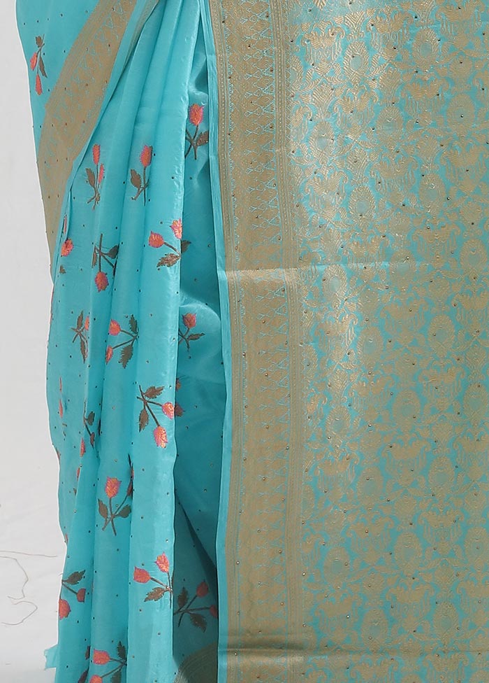 Blue Dupion Silk Saree With Blouse Piece - Indian Silk House Agencies