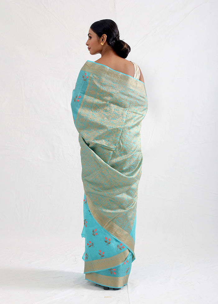 Blue Dupion Silk Saree With Blouse Piece - Indian Silk House Agencies