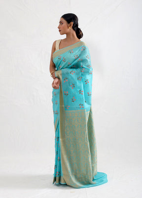 Blue Dupion Silk Saree With Blouse Piece - Indian Silk House Agencies